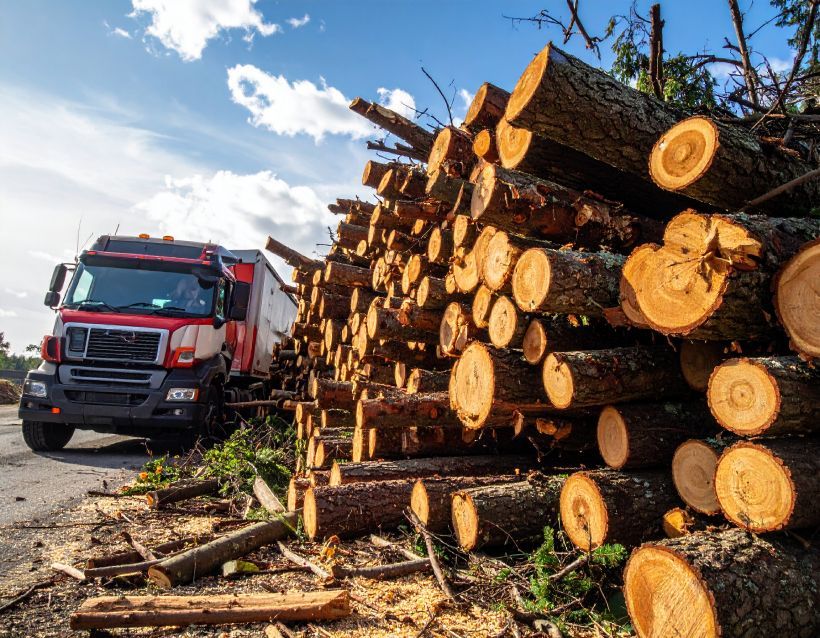 A semi-truck beside a large pile of freshly cut logs on a roadside under a blue sky.