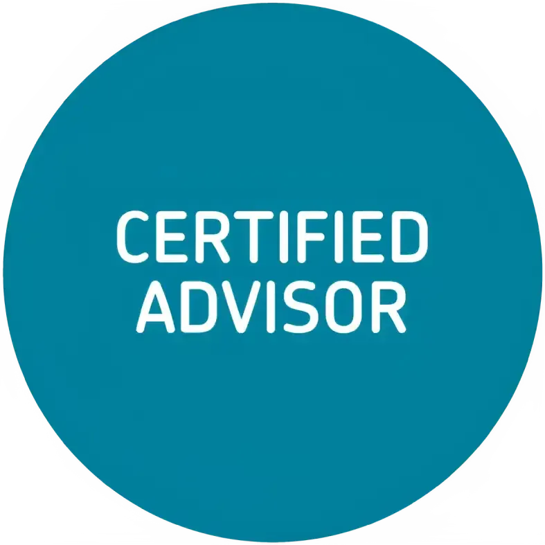 Teal circle badge with white text reading “CERTIFIED ADVISOR”