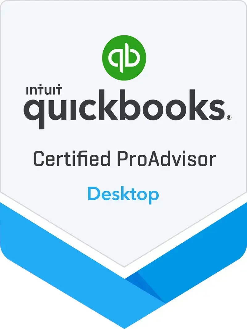 Intuit QuickBooks Certified ProAdvisor Desktop badge with green logo and blue ribbon