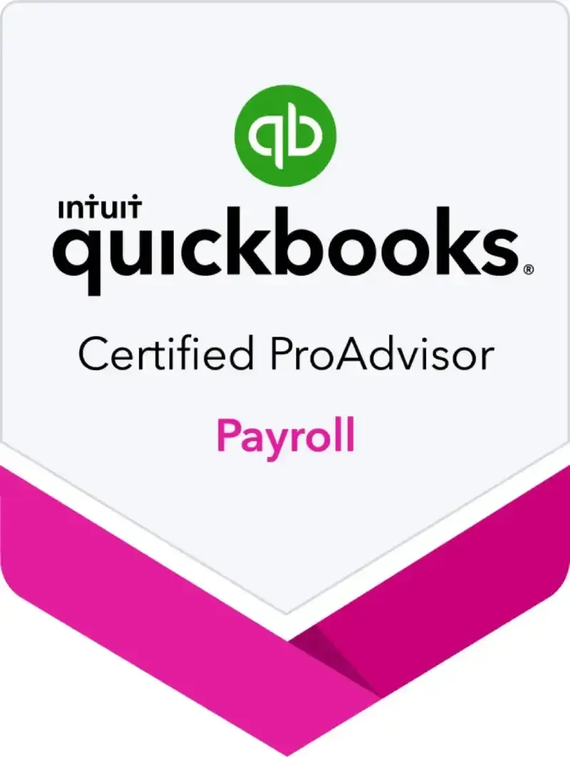Intuit QuickBooks Certified ProAdvisor Payroll badge with green logo and pink accents