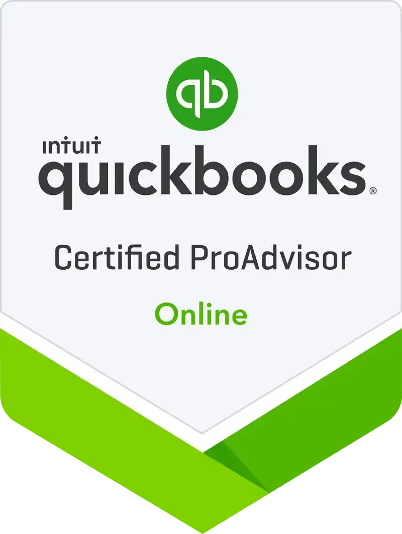 Intuit QuickBooks Certified ProAdvisor Online badge with green logo and chevron ribbon