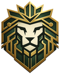 Geometric lion head logo in gold, black, and green with a shield-like crest