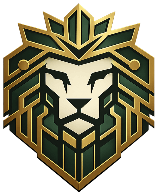 Geometric lion head logo in gold, black, and green with a shield-like crest