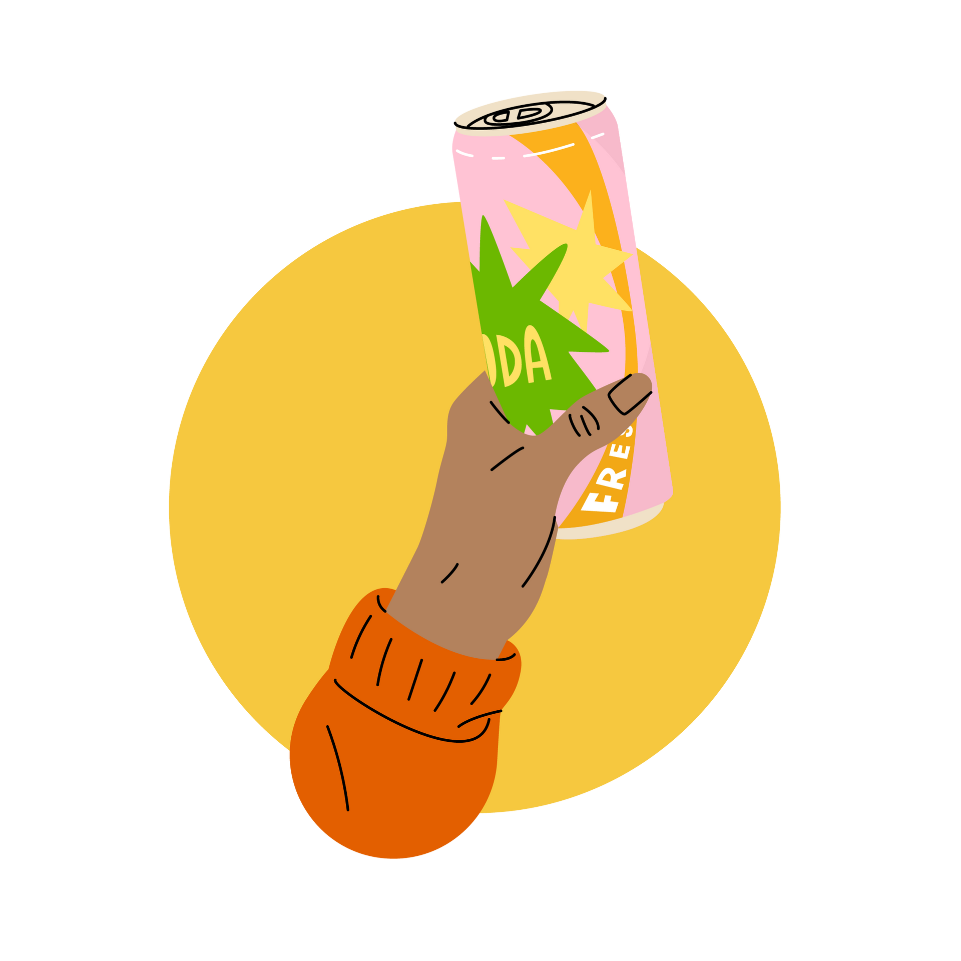 Mão segurando uma lata rosa com desenhos verdes e amarelos sobre um fundo circular amarelo.
