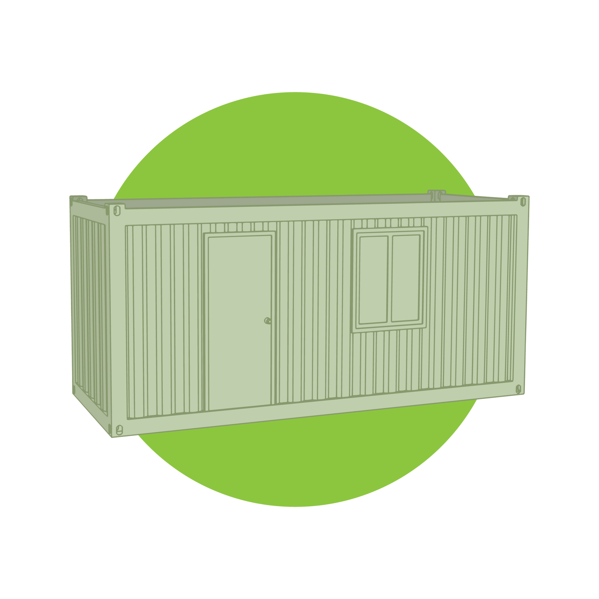 Ilustração de um contêiner marítimo verde em frente a um grande círculo verde, com uma porta e uma pequena janela.