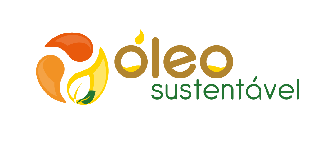 Logo “óleo sustentável” em laranja e verde com ícone de gota e folha