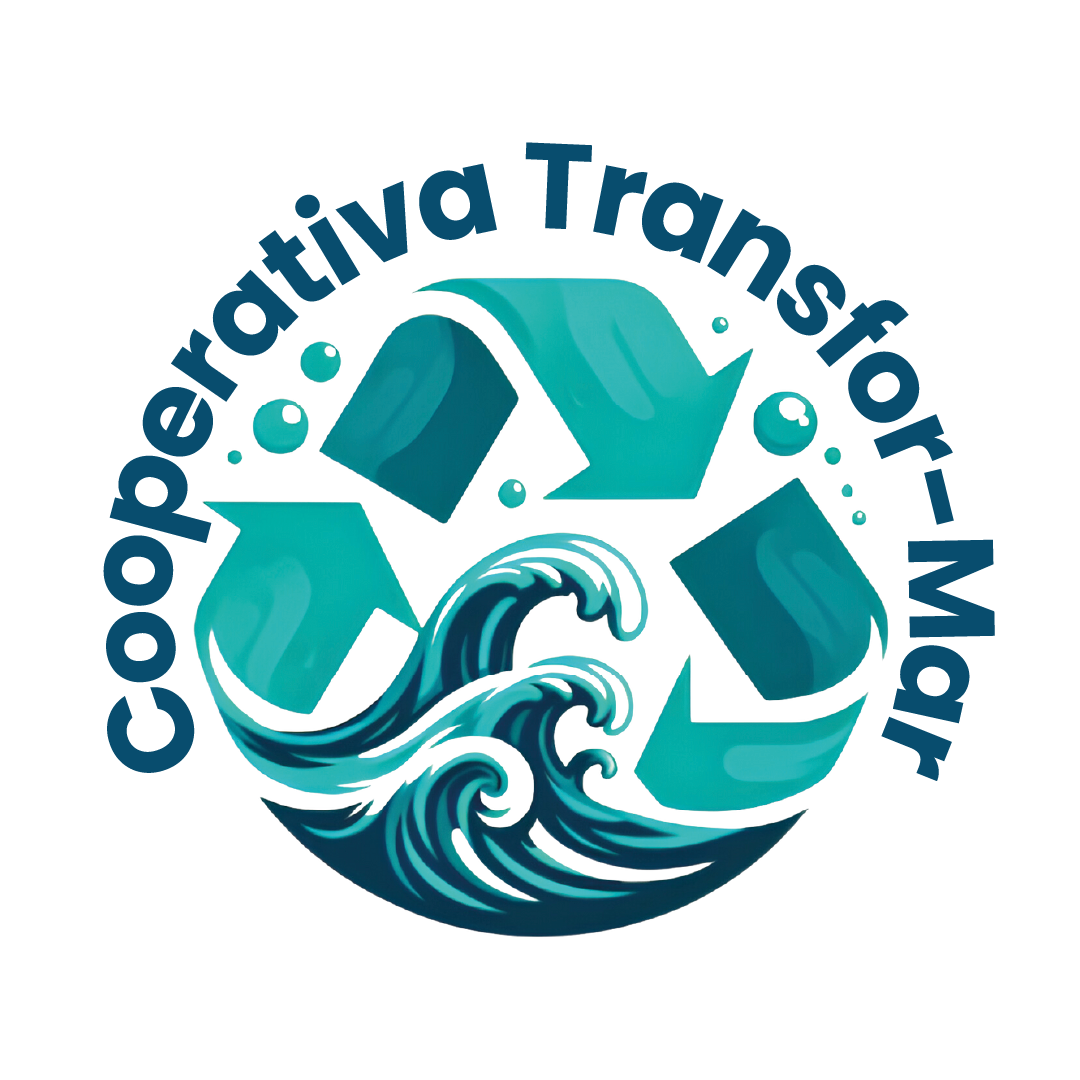 Logotipo circular turquesa e azul da Cooperativa Transfor-Mar com setas de reciclagem e uma onda do mar.
