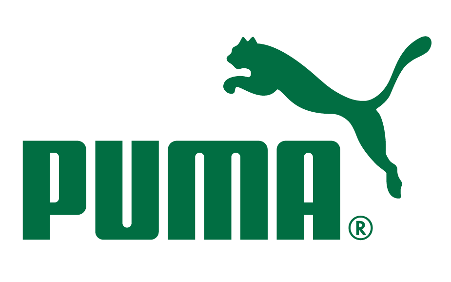 Logotipo da PUMA com um gato verde saltando e a marca escrita em fundo branco.