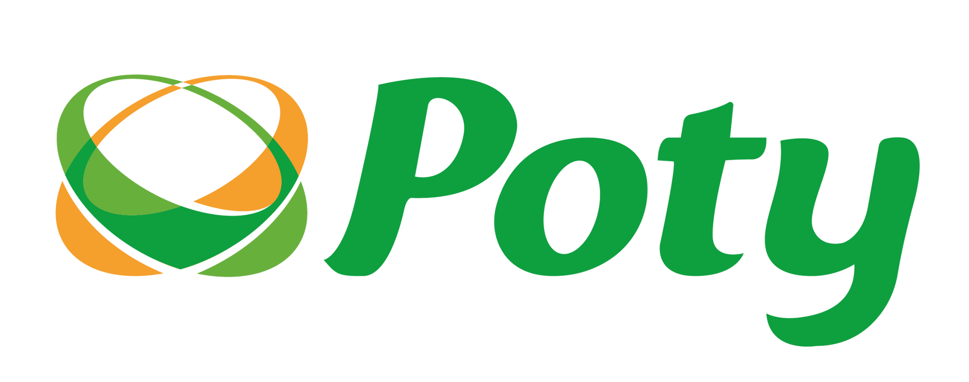 Logotipo da Poty em verde e laranja com um ícone de folha estilizado e texto verde em itálico.