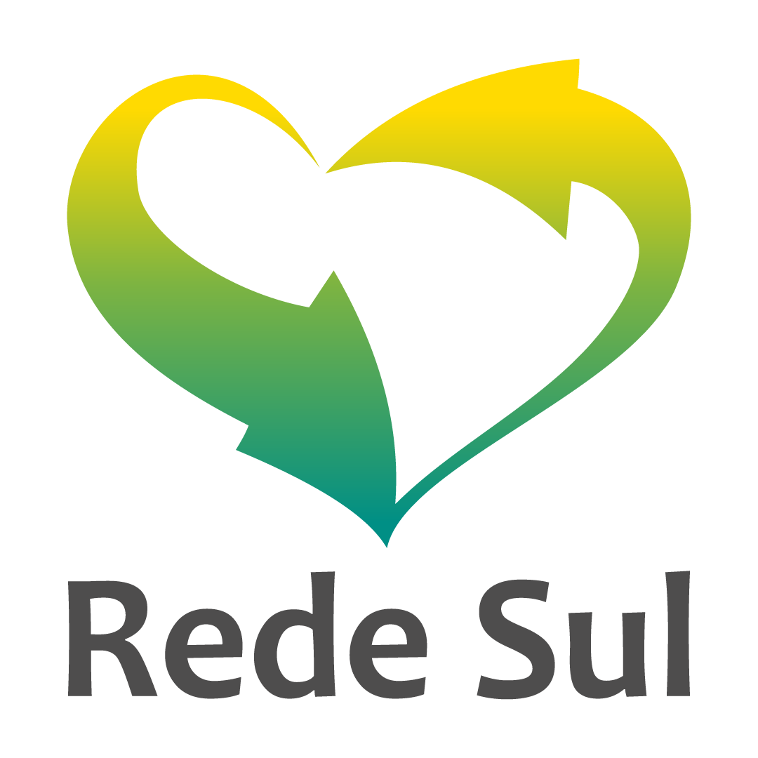 Logotipo em forma de coração nas cores vermelha e verde com a inscrição “Rede Sul” abaixo.