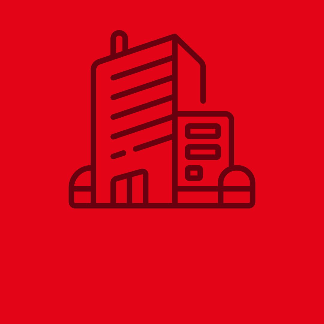 Ícone de prédio de escritórios desenhado à mão com linhas vermelhas sobre um fundo vermelho sólido.