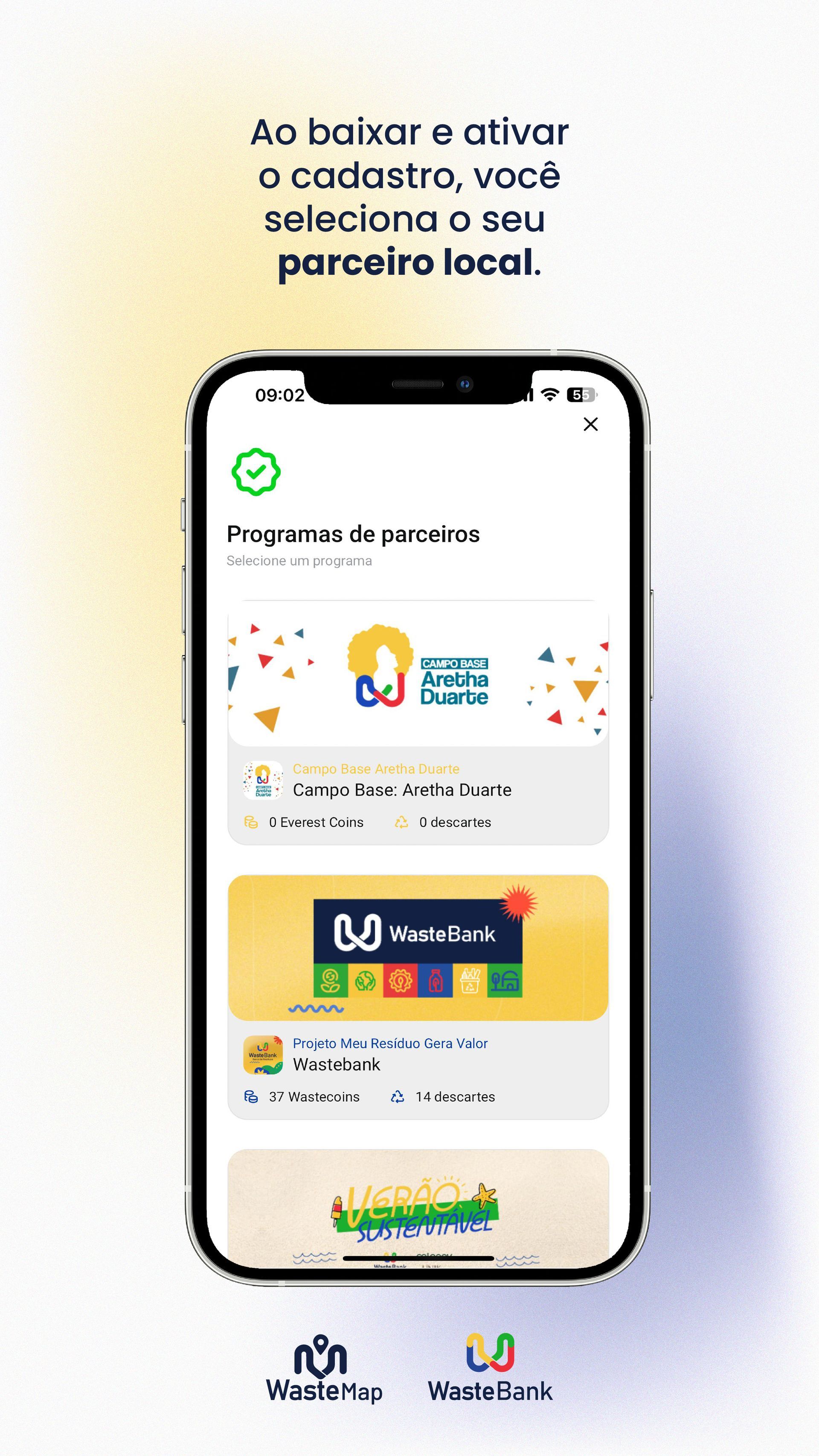 Promoção de aplicativo para smartphone em fundo branco com cartões de evento coloridos e texto de destaque acima.