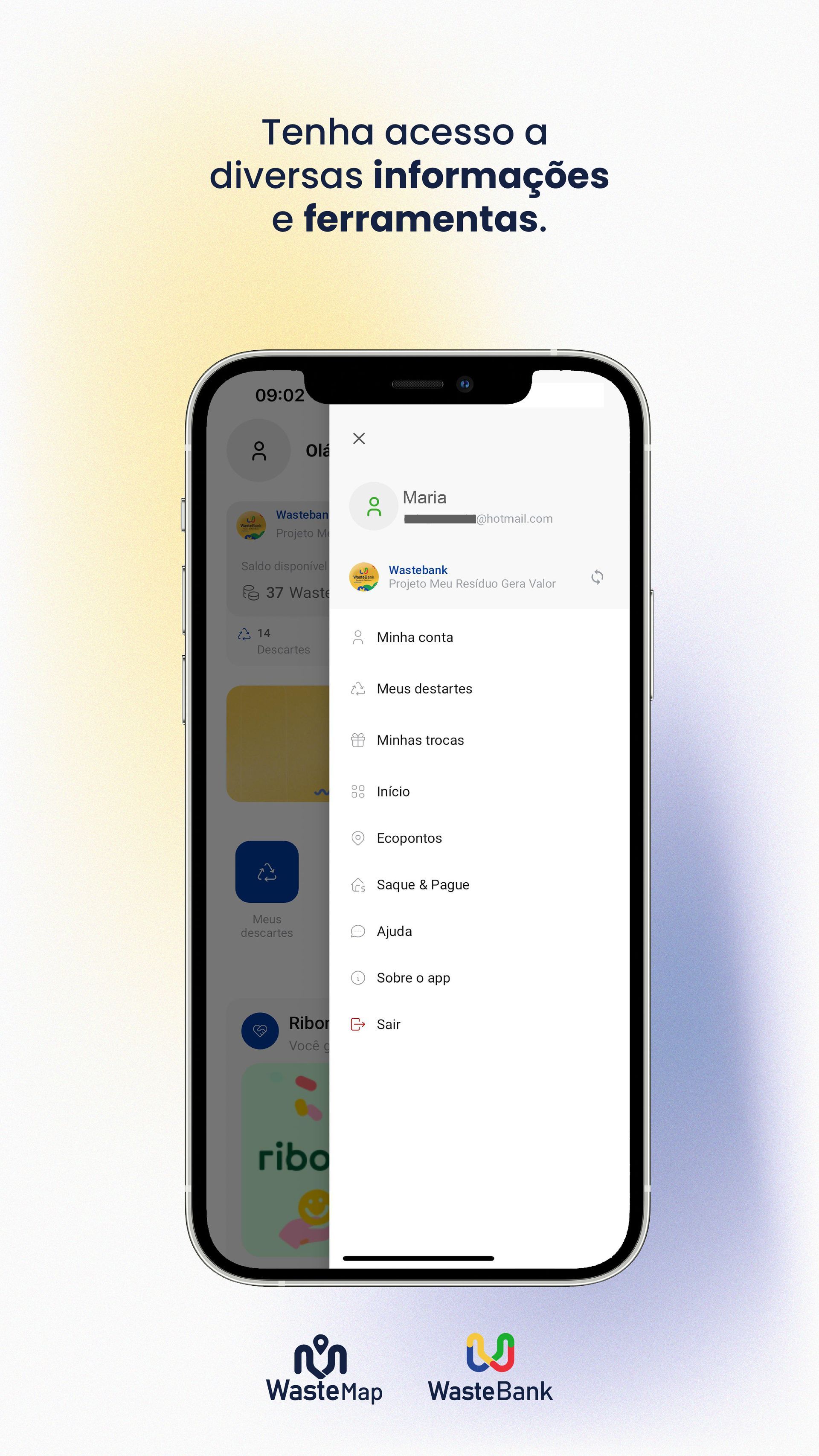 Tela de aplicativo de smartphone com menu aberto e texto em português acima, sobre um fundo claro.