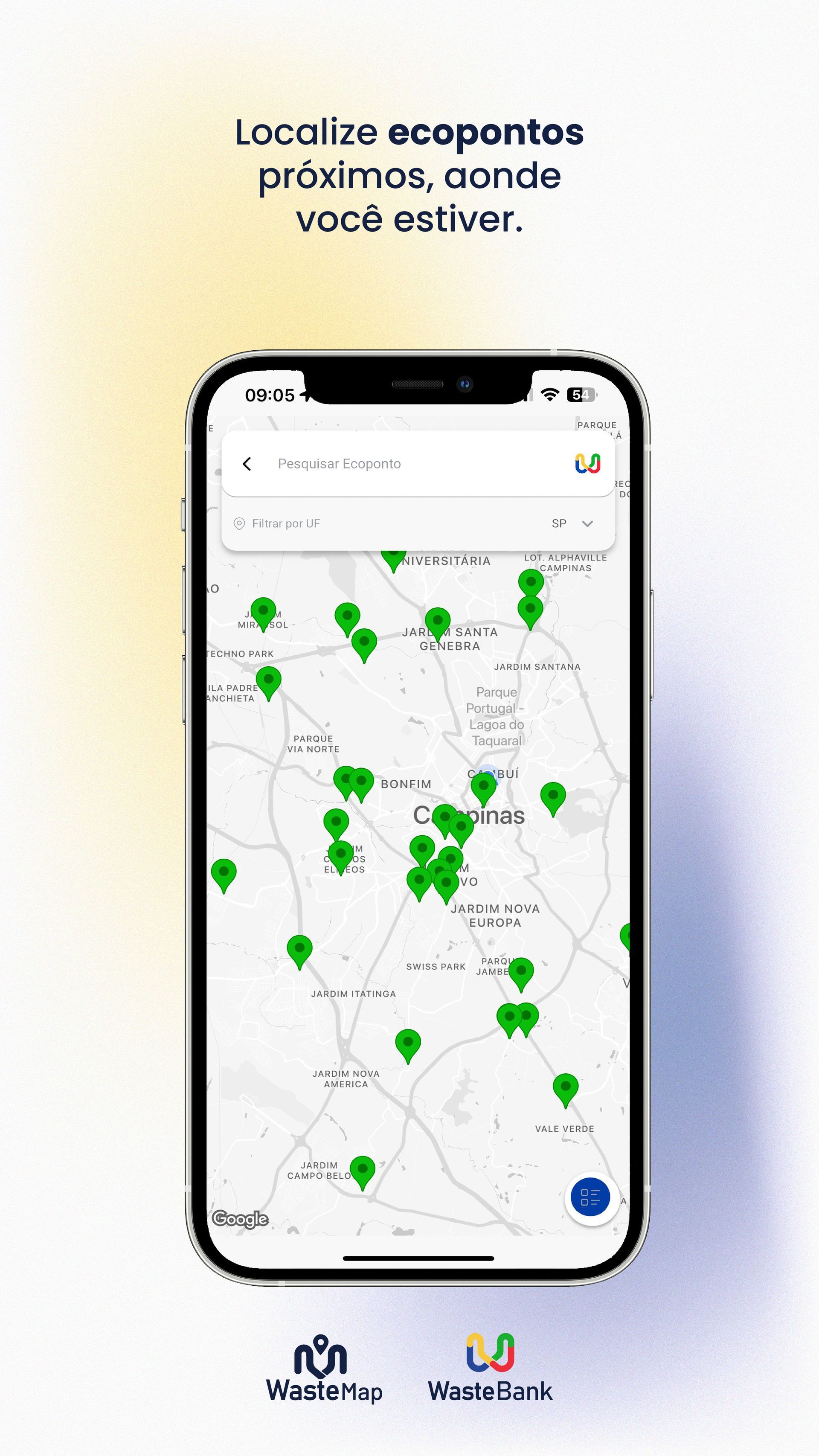 Smartphone exibindo um mapa com vários marcadores de localização verdes e um marcador azul.