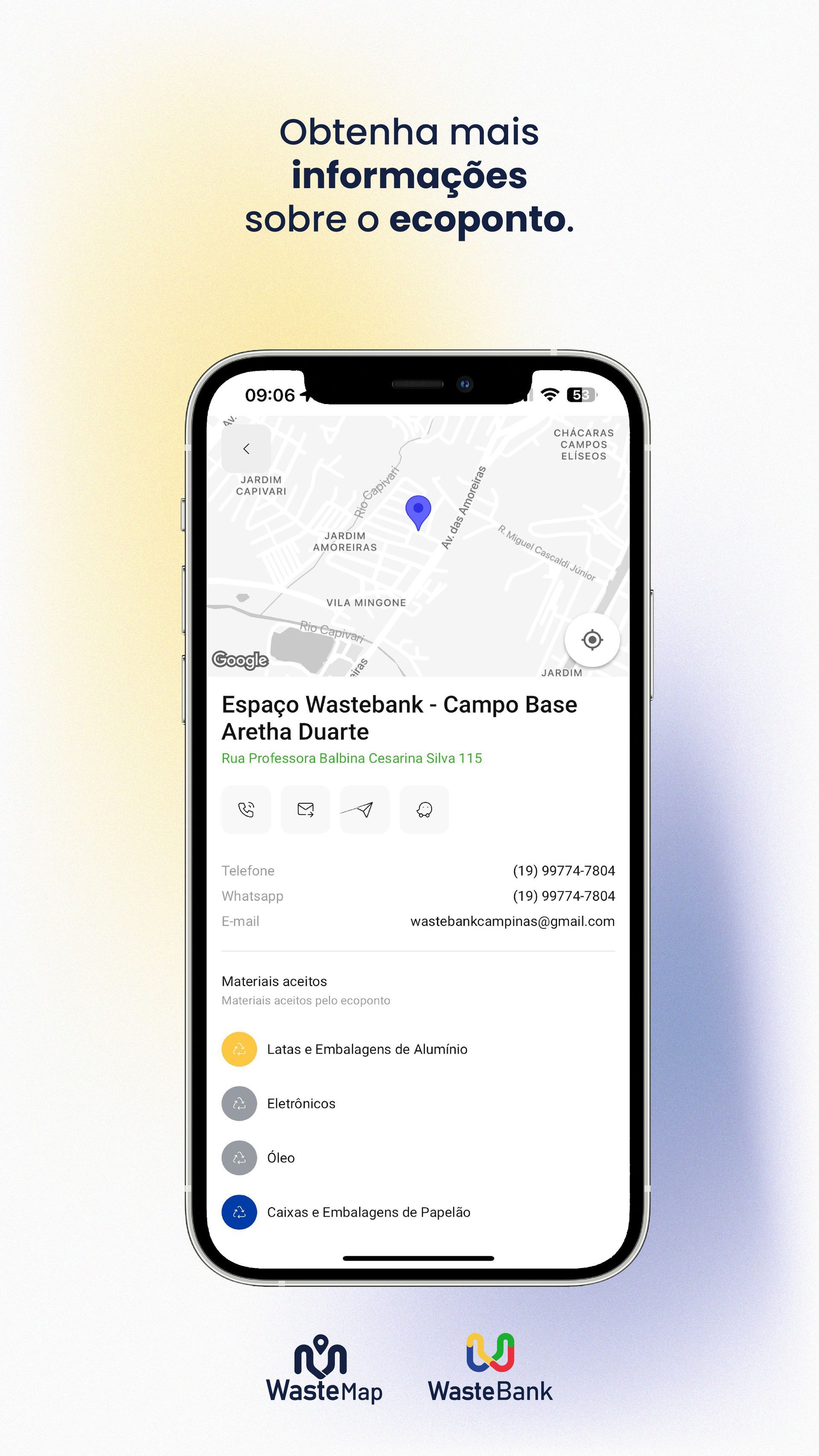 Vídeo promocional português mostrando um mapa de aplicativo de smartphone com um marcador de localização e uma lista de lugares próximos em um fundo branco.
