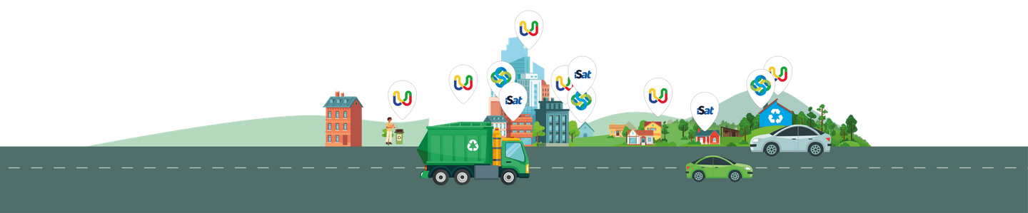 Desenho animado de um caminhão de reciclagem verde recolhendo lixo de lixeiras e sacos transbordando em uma rua.