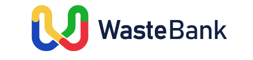 Logotipo da WasteBank com um ícone de fita entrelaçada multicolorida em azul, amarelo, vermelho e verde sobre um fundo branco.