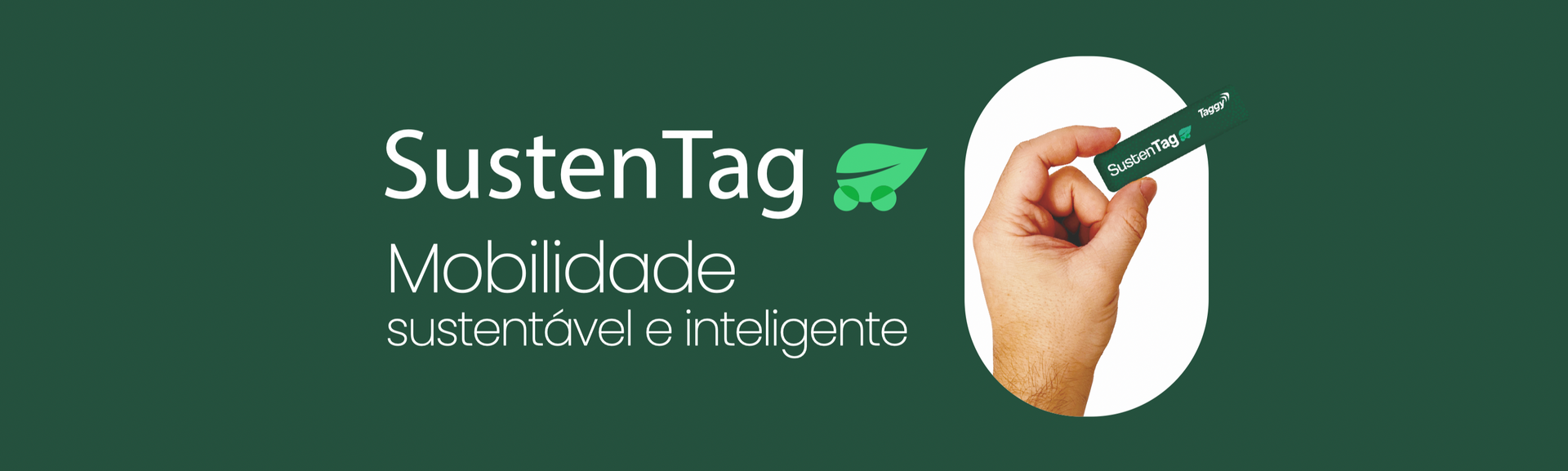 Logotipo da SustenTag em fundo verde escuro com uma mão colocando uma etiqueta verde em uma planta.