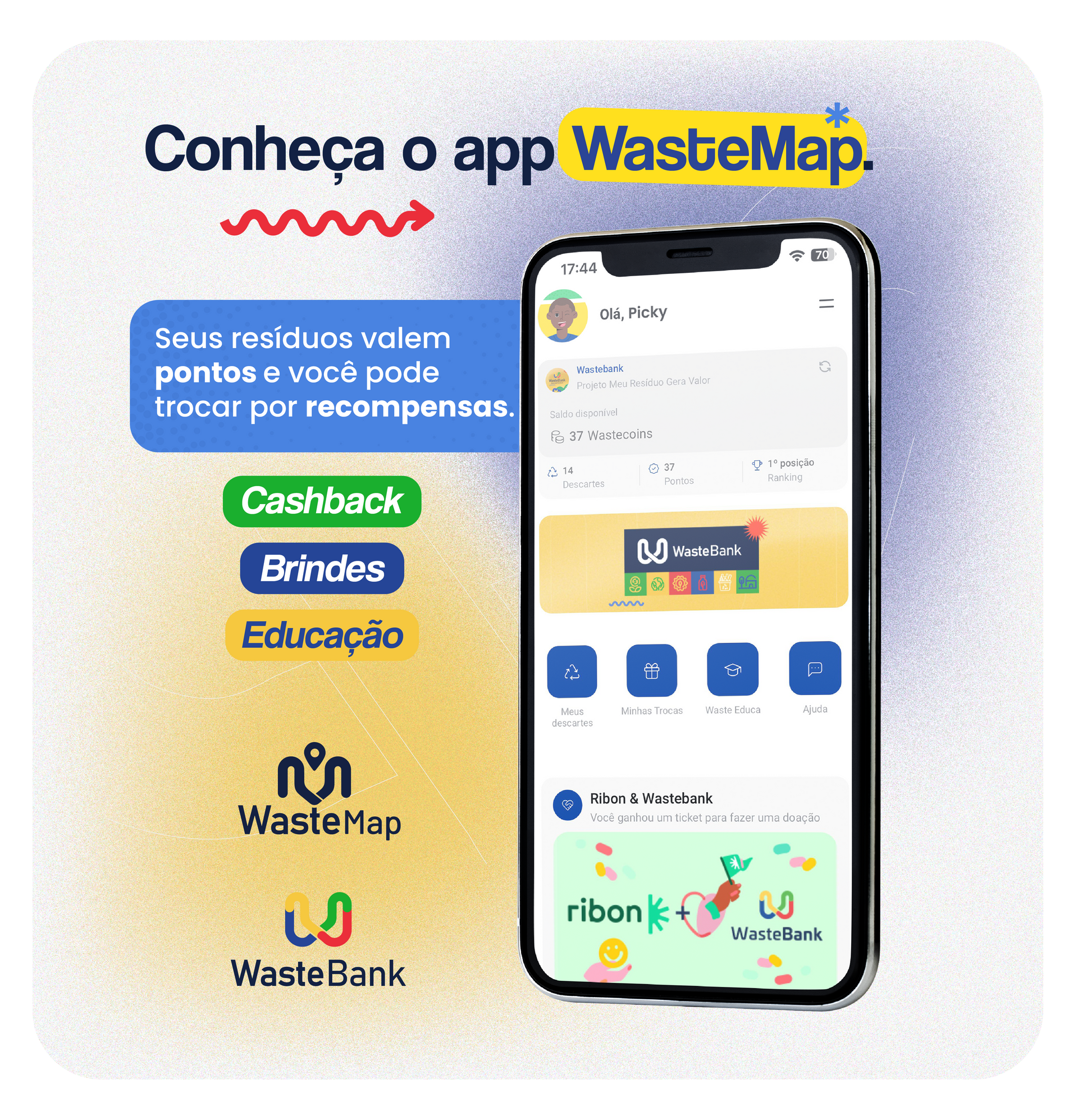 Banner promovendo o app WasteMap, com celular exibindo a interface e logos Cashback, Bradesco, Educação e WasteRank.