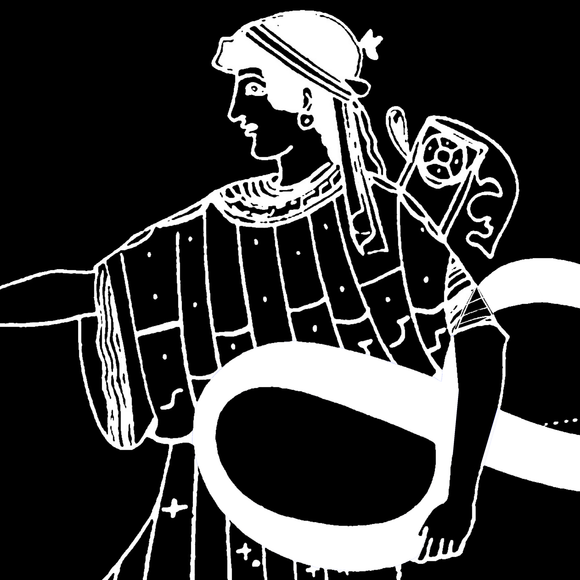 Date: ~480 BCE
Artist: Douris (Painter)
Medium: Terracotta, Red-Figure
Origin: Athens, Greece
Drawing after an Attic red-figure kylix by Douris painter, in the collection of the Art Institute of Chicago. Based on the design from a small, delicate drinking cup that is undecorated except for the interior, depicting Artemis, goddess of the hunt, within the tondo, or circular field. A quiver on her back, she holds a bow and two arrows in her left hand, and in her right hand she extends a torch. An inscription added in dark red that runs from in front of her to behind her head states that one Hippodamas is 'handsome.'