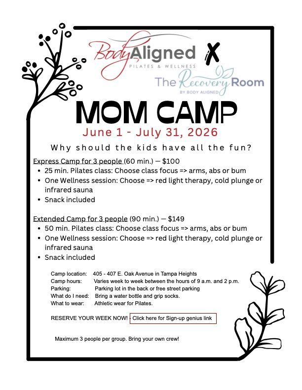 Flyer for “Mom Camp” June 1–July 31, 2026, with black text and floral doodles on white background