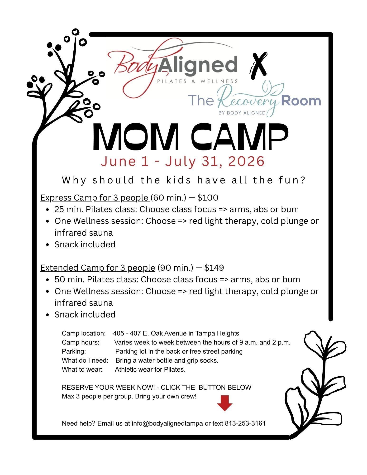 MOM CAMP flyer with black text and floral doodles, June 1–July 31, 2026, listing activities and prices