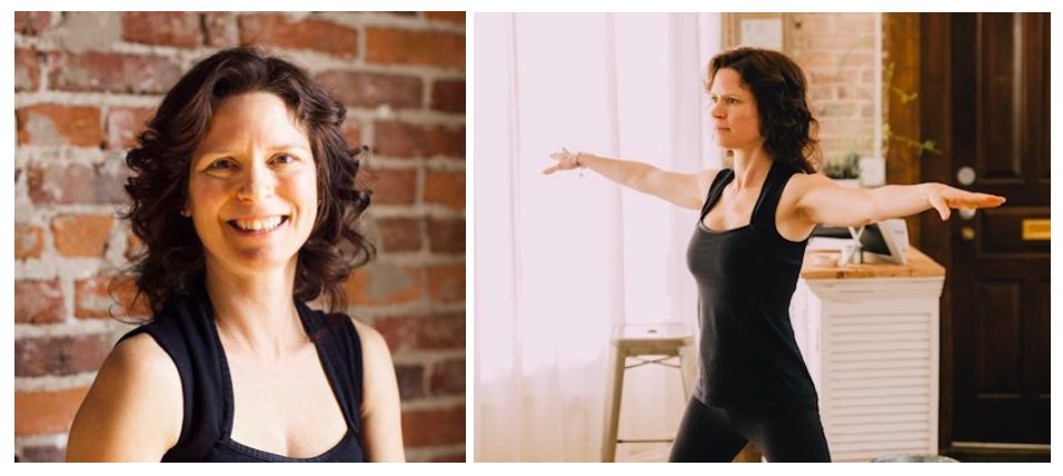 A woman in a black tank top is smiling and standing in a yoga pose.