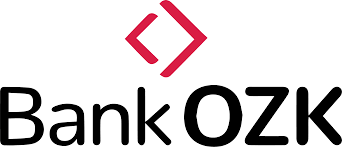 A logo for bank ozk with a red diamond in the middle