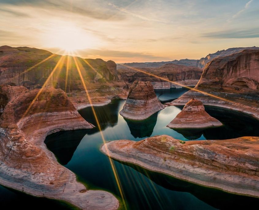 Birds eye view at Lake Powell during sunset or sunrise Birds eye view at Lake Powell during sunset or sunrise