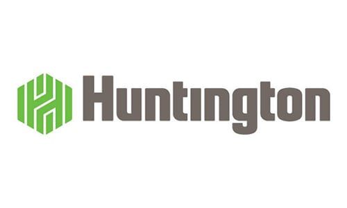 The logo for huntington is a green hexagon with the word huntington on it.