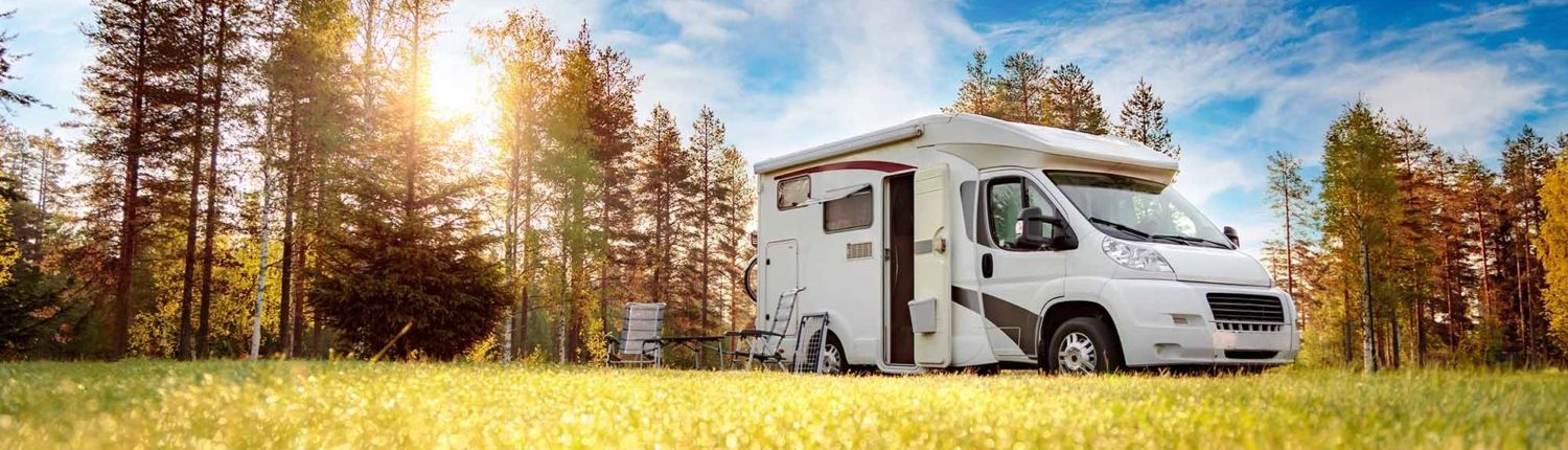 rv parked in the forest A rv is parked in a field with trees in the background.