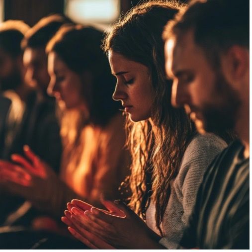 A group of people are sitting in a row with their hands folded in prayer