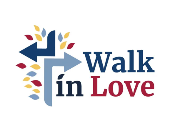 A logo for walk in love with a cross and arrows