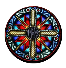 A stained glass window with the letters ihs in the center
