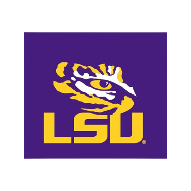 A purple and yellow logo for lsu with a tiger on it