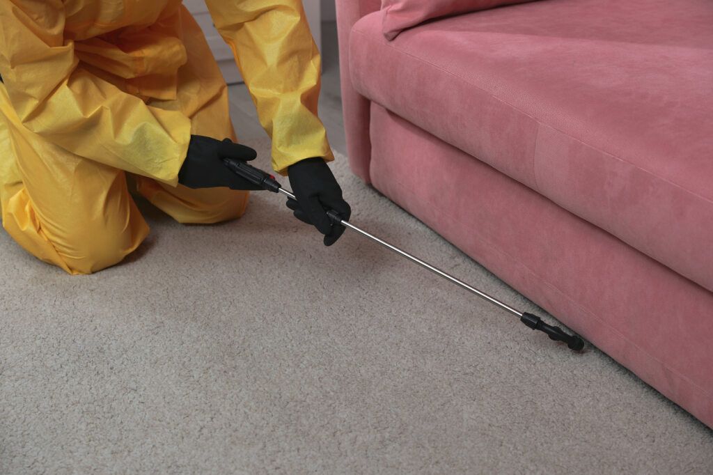 Person in Yellow Protective Suit Spraying Insecticide Near a Pink Couch — McMahon Pest Services In Bentley Park, QLD
