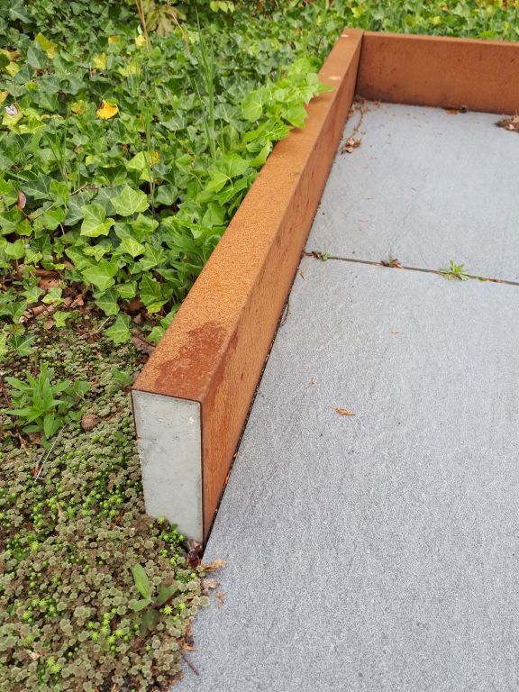 Een verroeste metalen rand scheidt een geplaveid grijs pad van een stukje laagblijvende groene bodembedekkers en planten.