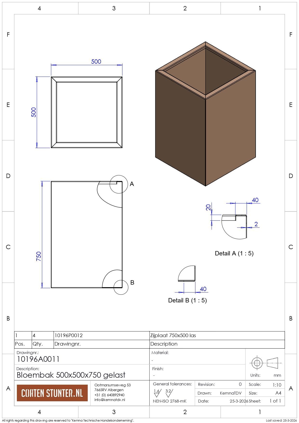 Technische tekening van een doos van 500x500x750 mm, met bovenaanzicht, zijaanzicht en isometrisch aanzicht, inclusief gedetailleerde hoekspecificaties.
