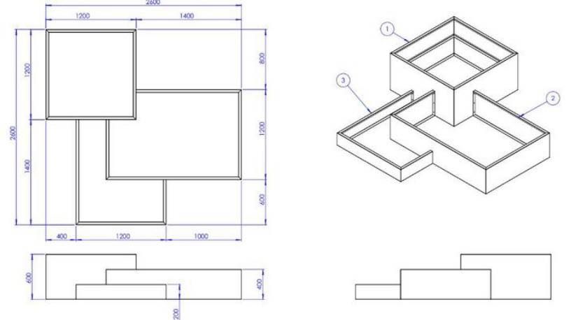 Technische tekening van een rechthoekig gebouw met meerdere verdiepingen, met plattegronden, afmetingen en een isometrische weergave.