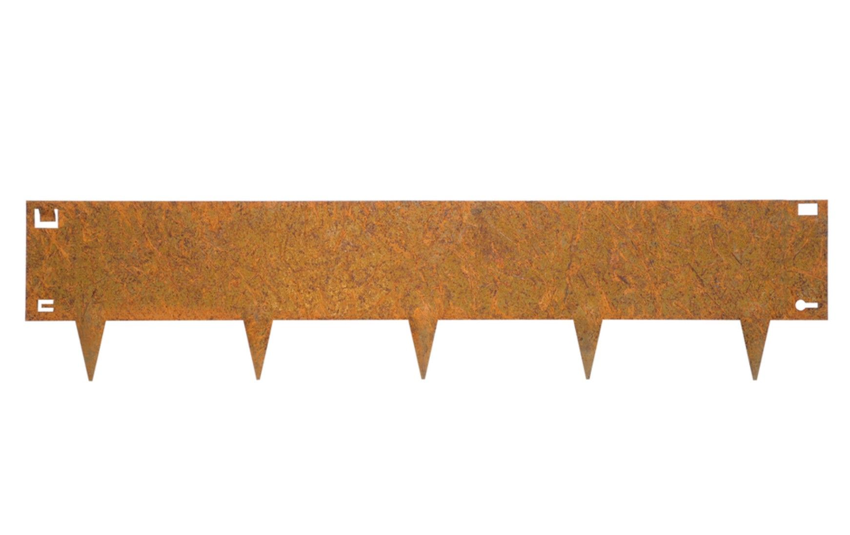 Technische tekening en 3D-weergave van een bruin metalen tuinafscheidingspaneel met vijf naar beneden gerichte palen.
