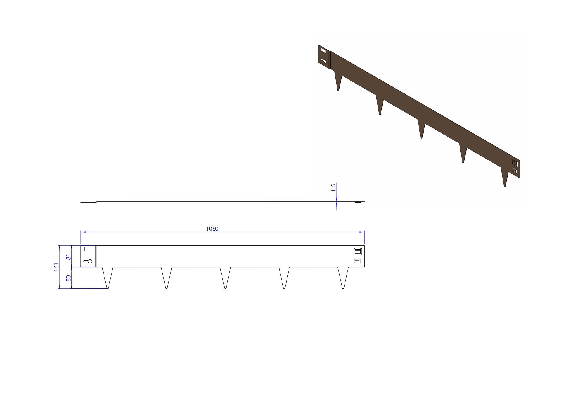 Technische tekening van een metalen tuinrandstrip met geïntegreerde grondpinnen en maatlijnen.