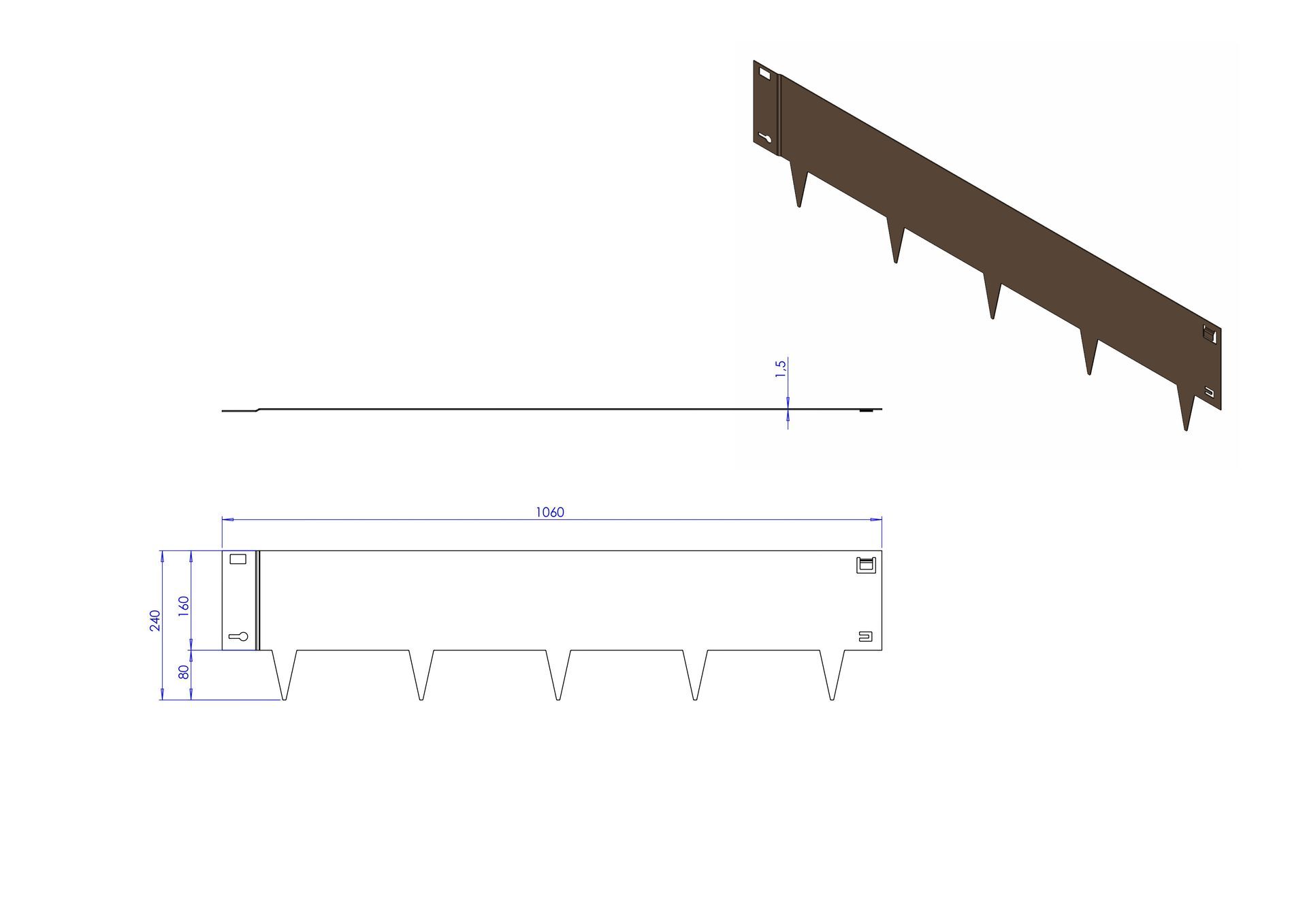 Technische tekening en 3D-weergave van een bruin metalen tuinafscheidingspaneel met vijf naar beneden gerichte palen.