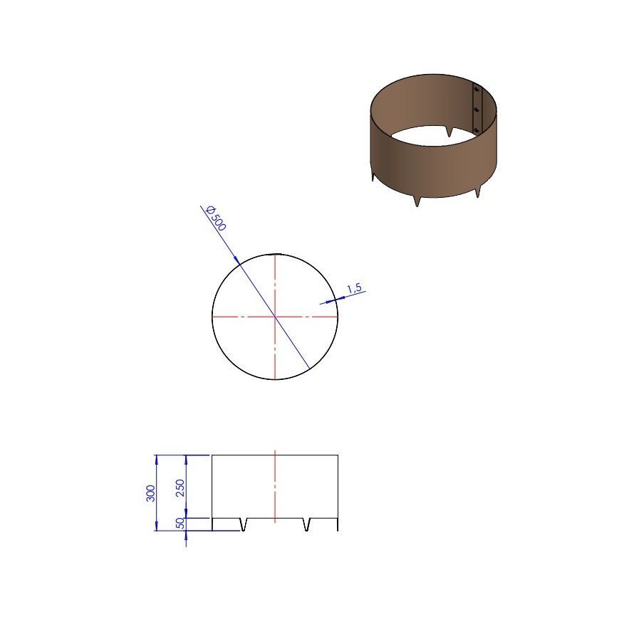 Technische tekening van een cilindrische metalen huls met een diameter van 28, een hoogte van 300 en vier gekerfde lipjes aan de basis.