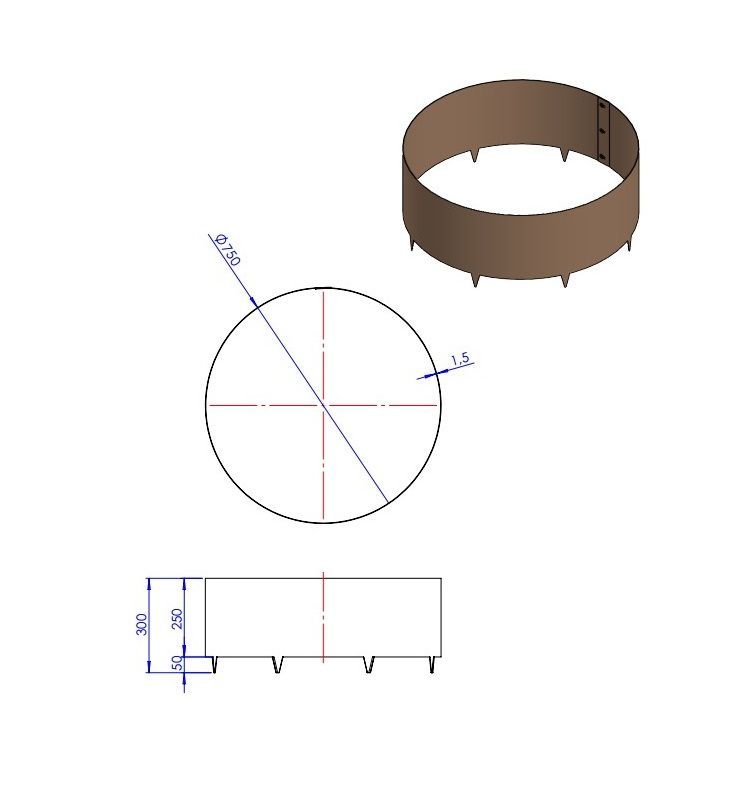 Technische tekening van een cilindrische metalen ring met uitsteeksels aan de basis, voorzien van afmetingen in millimeters.