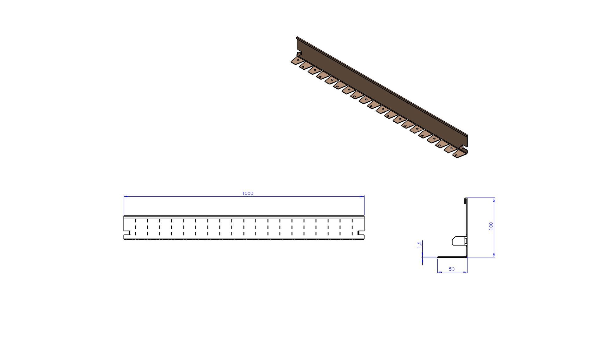 Technische tekening van een lange, geperforeerde metalen strip met een L-vormige doorsnede en een lengte van 750 mm.