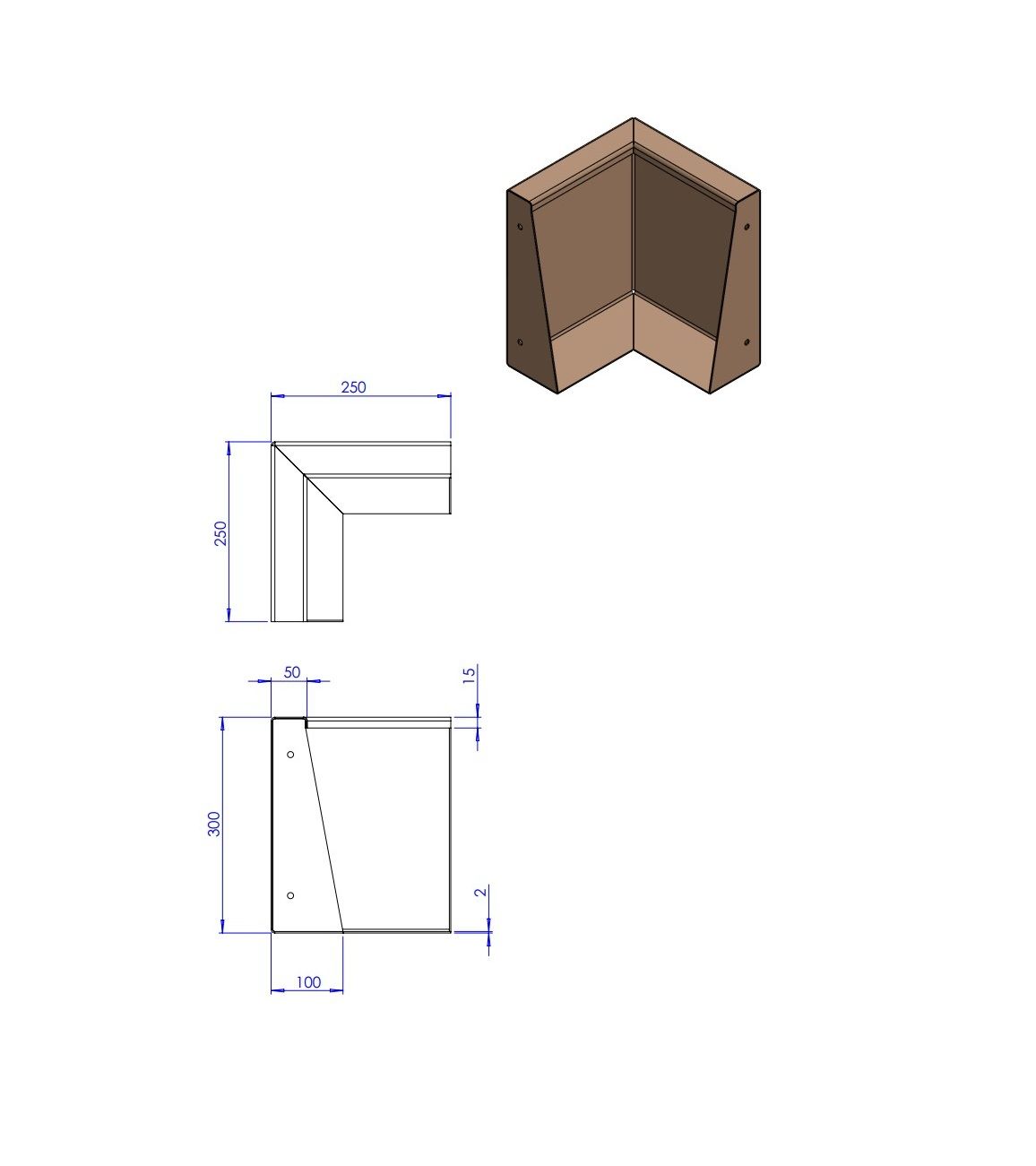 Een technische orthografische projectietekening en een 3D-isometrische weergave van een L-vormige houten hoekbeugel met afmetingen.
