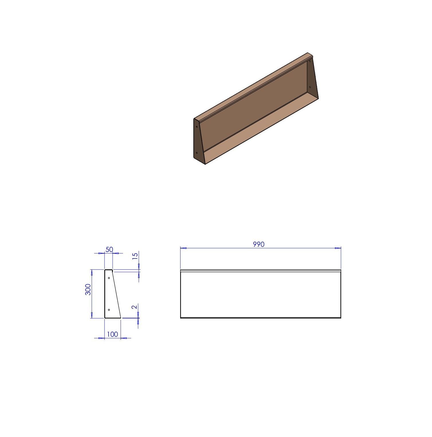 Technische tekening van een rechthoekig schap met een lengte van 990 mm, een hoogte van 200 mm en een diepte die afneemt van 100 mm tot 30 mm.