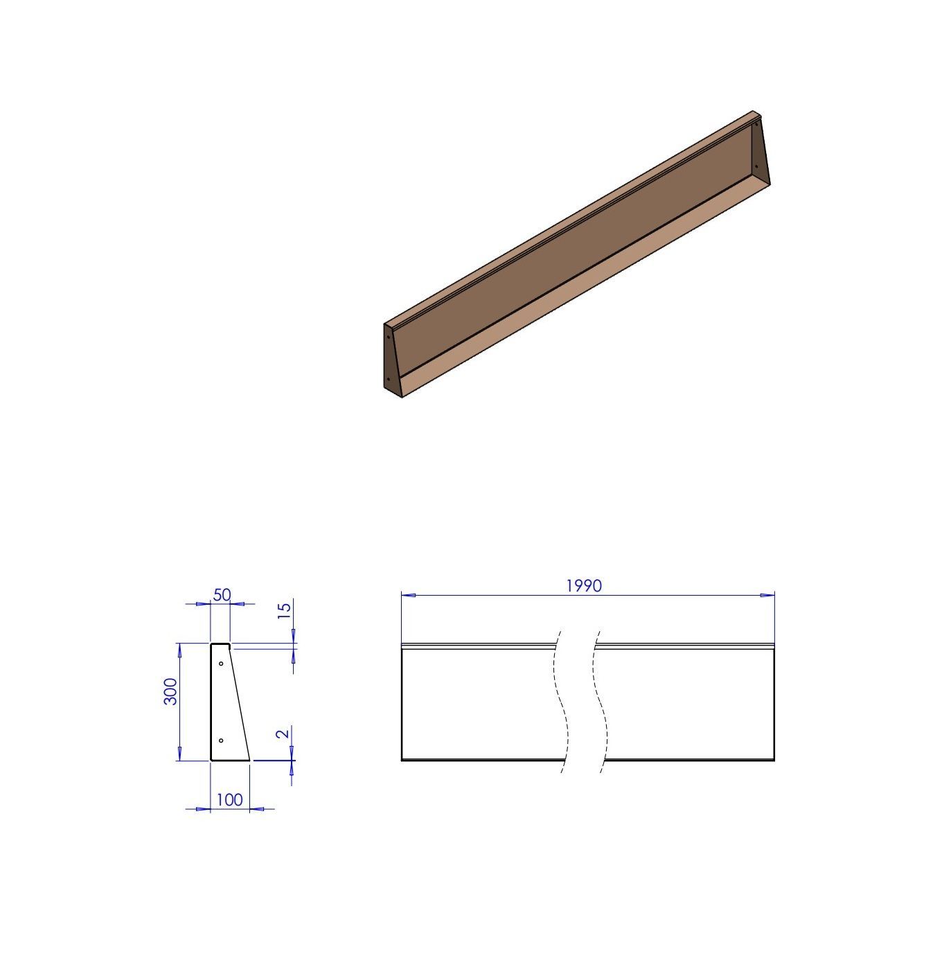Technische tekening van een rechthoekig schap met een lengte van 990 mm, een hoogte van 200 mm en een diepte die afneemt van 100 mm tot 30 mm.