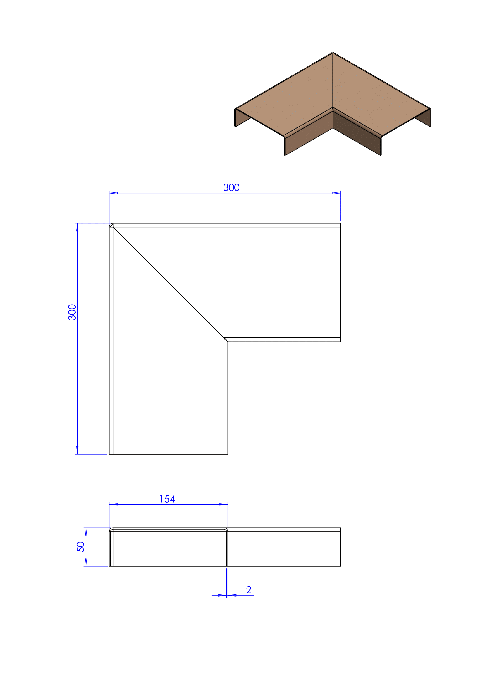 Technische tekening van een L-vormige metalen beugel met aangegeven afmetingen en een 3D-isometrische weergave.