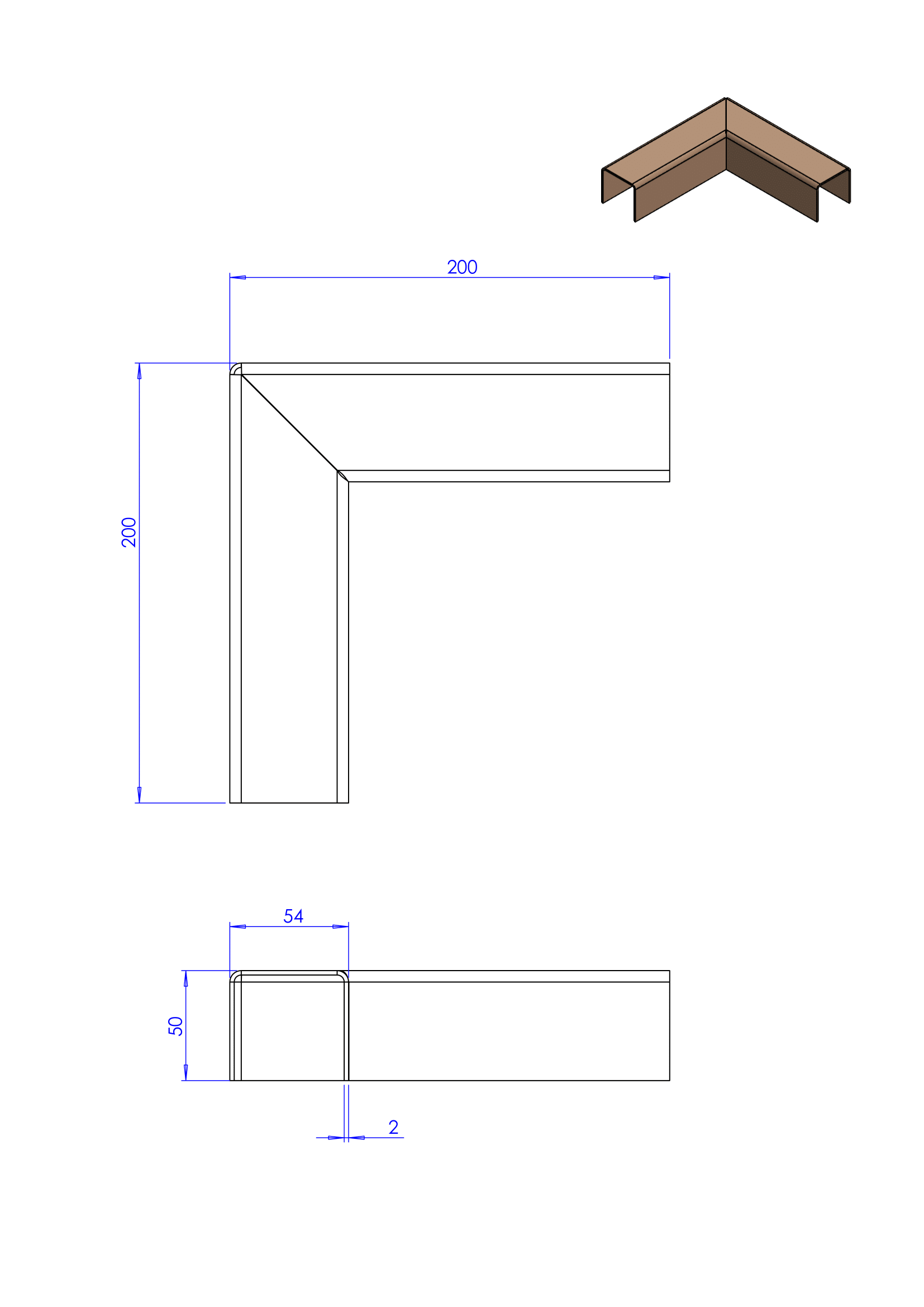 Technische tekening van een L-vormige metalen hoekbeugel, met bovenaanzicht en zijaanzicht, inclusief maataanduidingen.